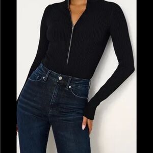 NWT Good American Black Ribbed Bodysuit w Silver Zipper medium